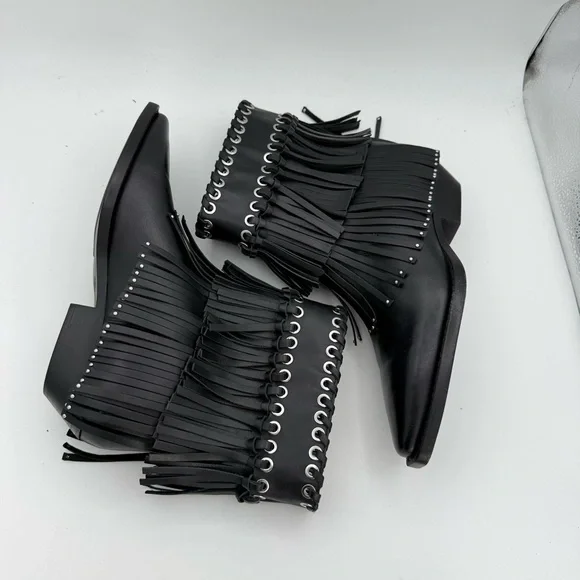 ZARA women’s Fringe Cowboy studded genuine leather Ankle Boots pull on Bootie 8 - Picture 6 of 9